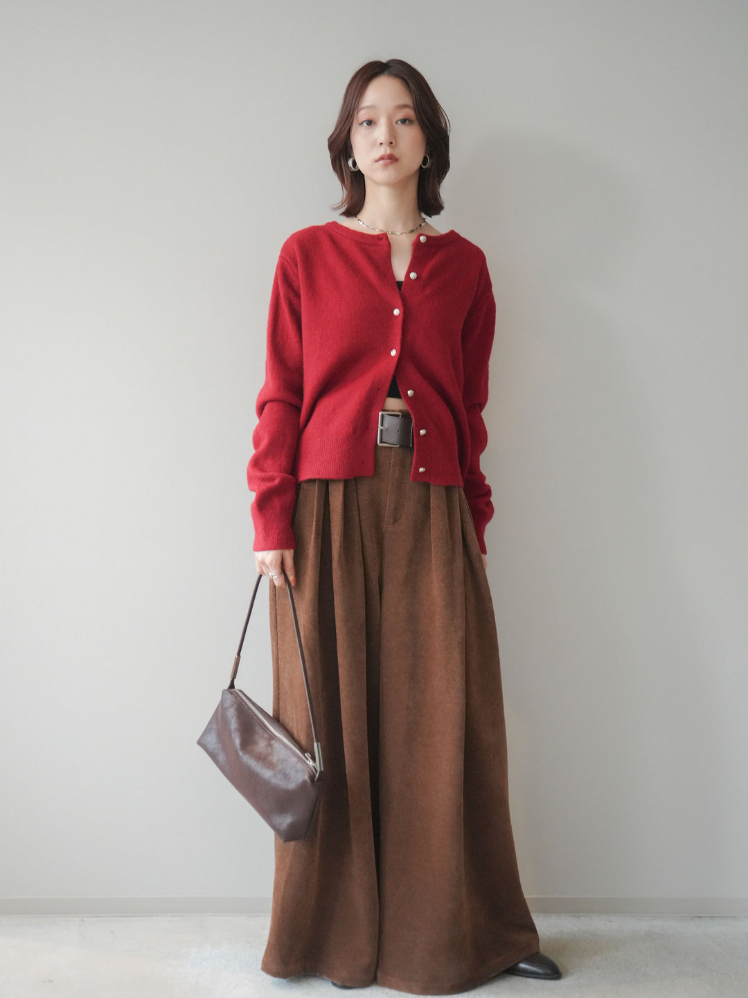 [SET]アンティークボタンニットカーディガン+ベルトデザインループコールテンワイドパンツ(ベルト付き)(2set)