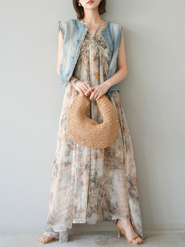[予約]編み込みショルダーニュアンス柄シフォンワンピース/ベージュ