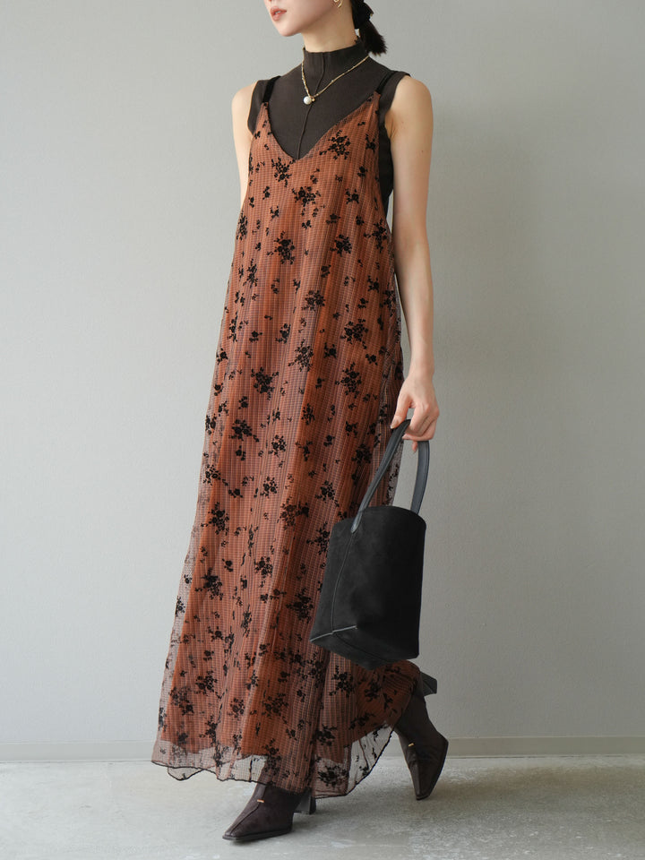 [SET]フロッキーチュールレイヤードベロアキャミワンピース+プチネックセンターシームノースリーニットトップス(2set)