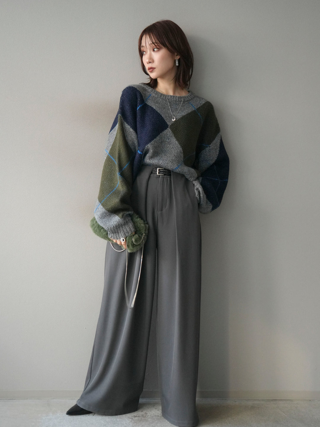 [予約]配色ステッチアーガイル柄ニットプルオーバー/gray