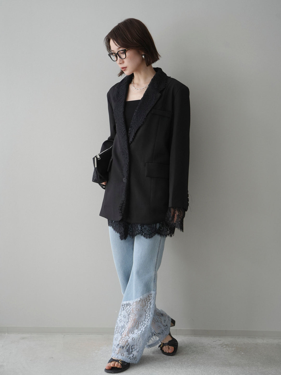 [予約]レース切替フレアデニムパンツ/bleach