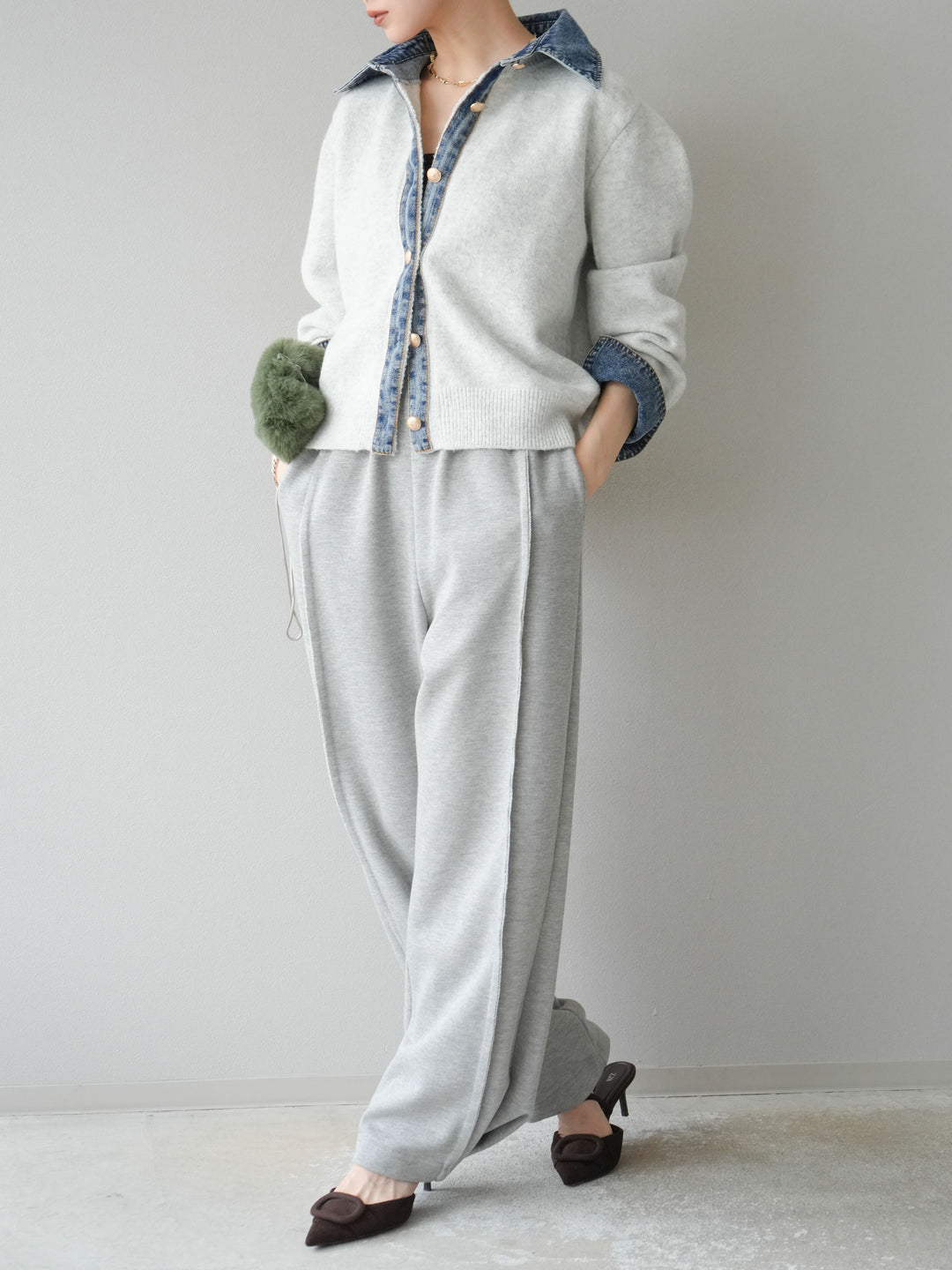 [SET]デニム襟ボタンニットカーディガン+2WAYデザインスウェットパンツ(2set)