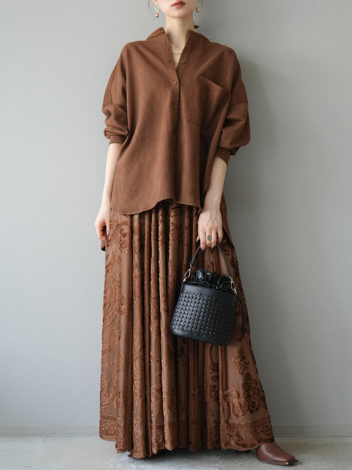 [予約]アンティーク柄フロッキーマキシスカート/ブラウン