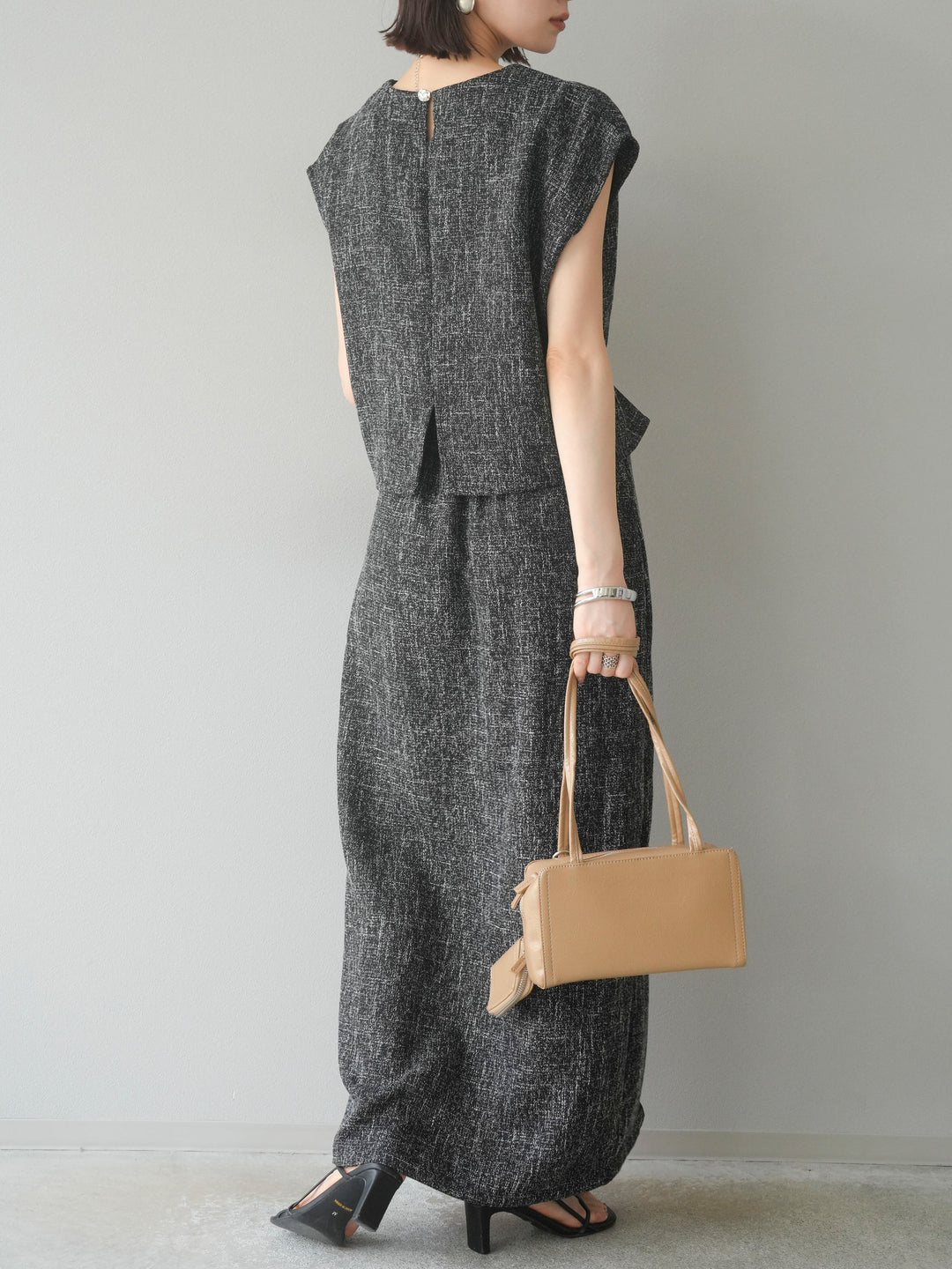 [予約]サマーツイードタックサイドスリットスカート/ブラックホワイト