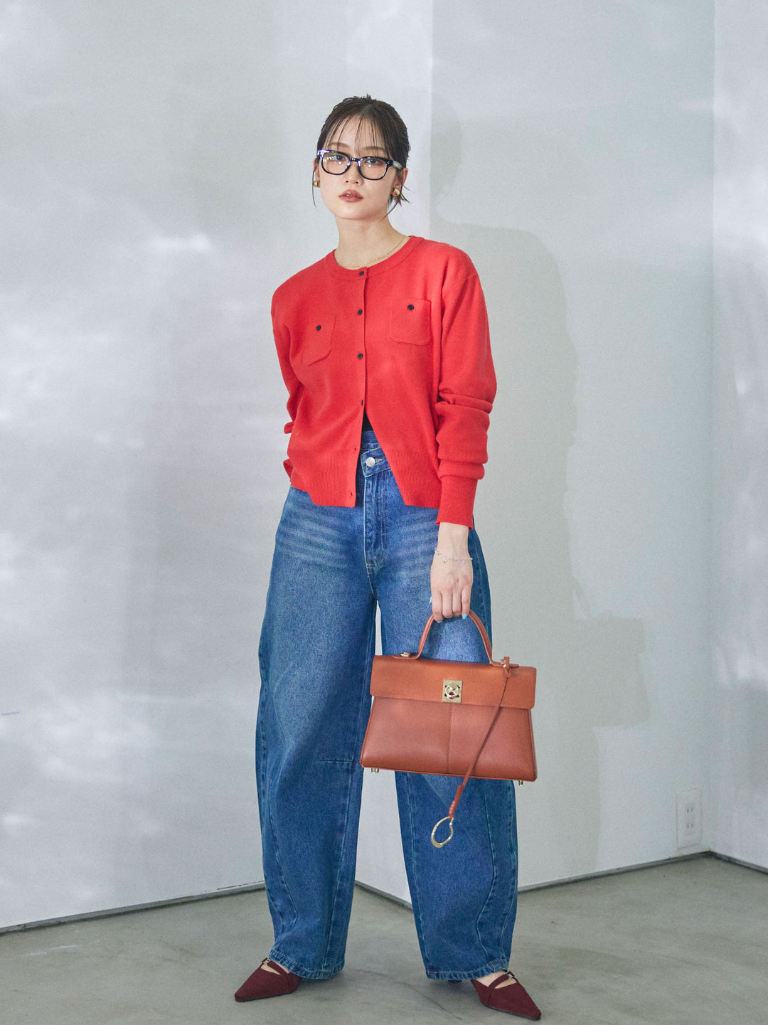 【Allure】[SET]ミニポケットニットカーディガン+アシメカーブデニムパンツ(2set)