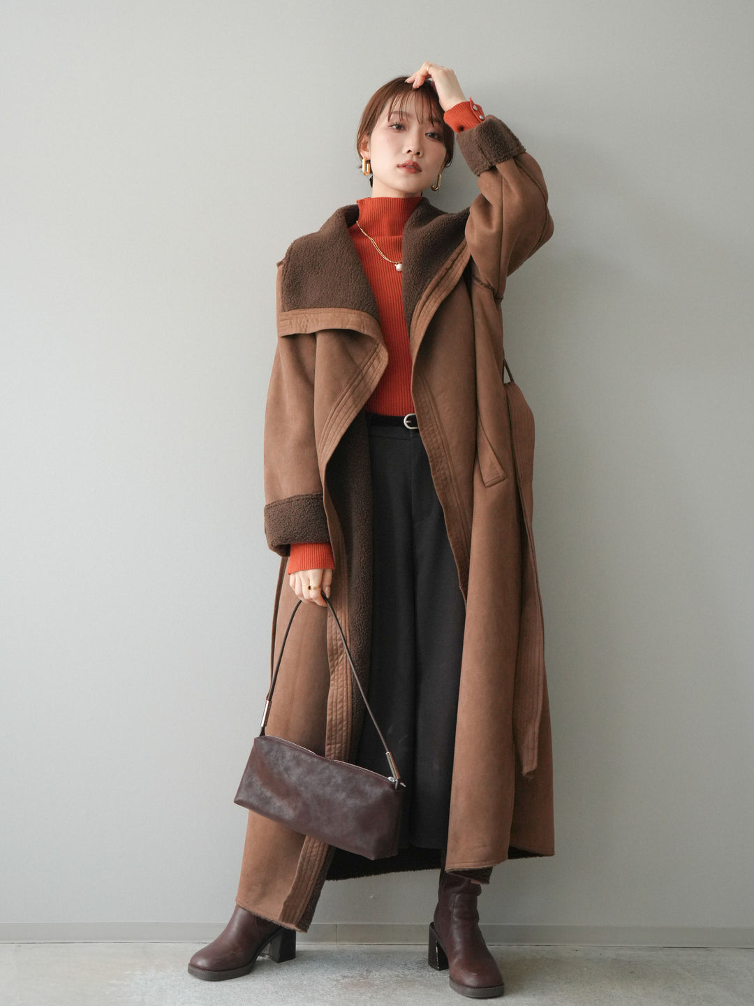 [予約]ベルト付ウールタッチミディアムパンツ/brown