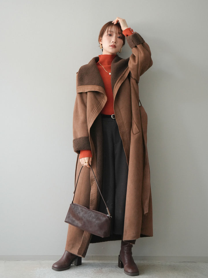 [予約]ベルト付ウールタッチミディアムパンツ/brown