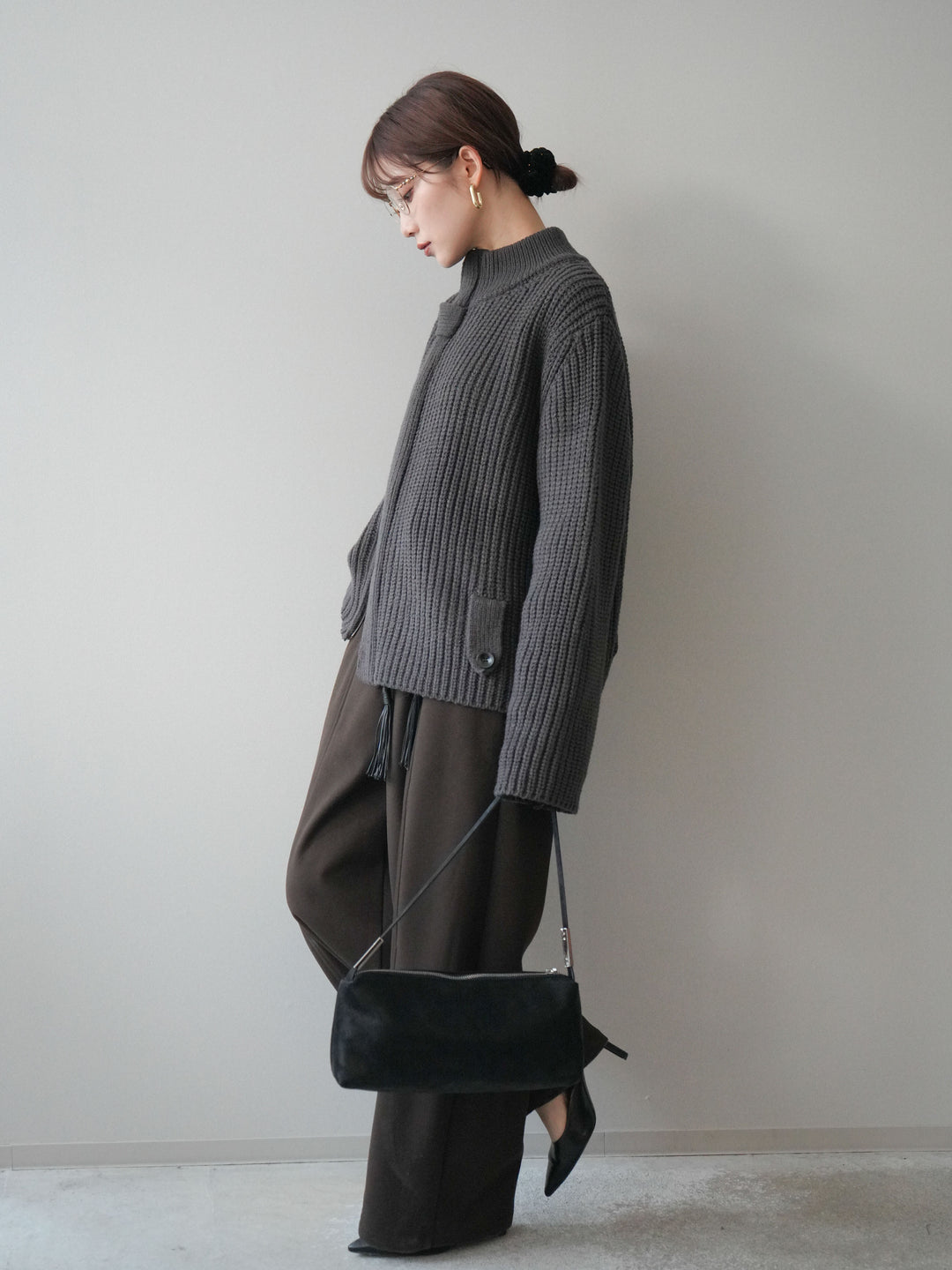 [SET]畦編みボトルネックZIPニットカーディガン+ベルト付裏起毛センターシームカーブパンツ(2set)