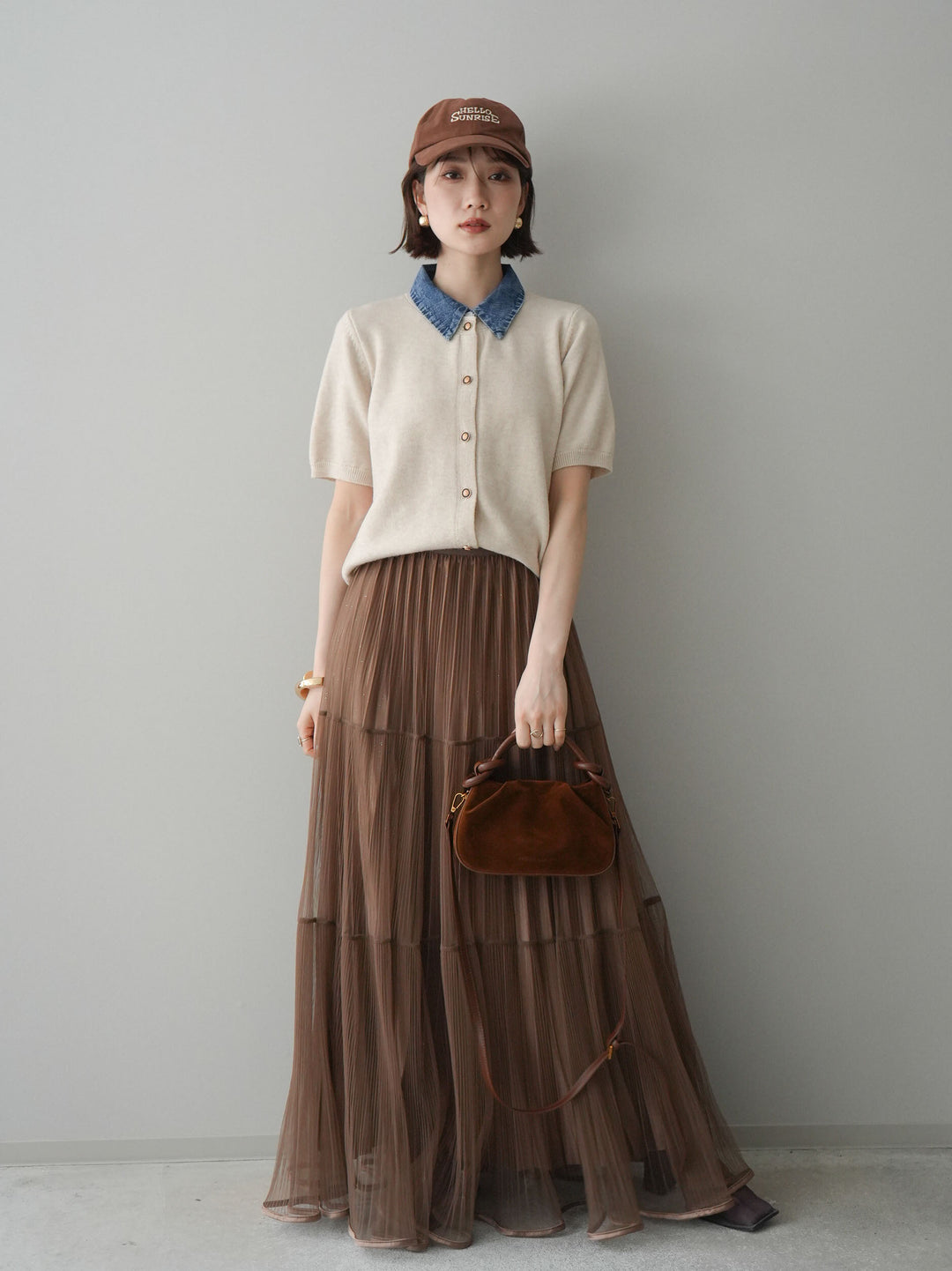 [予約]デニム襟ボタンハーフスリーブニットプルオーバー/beige