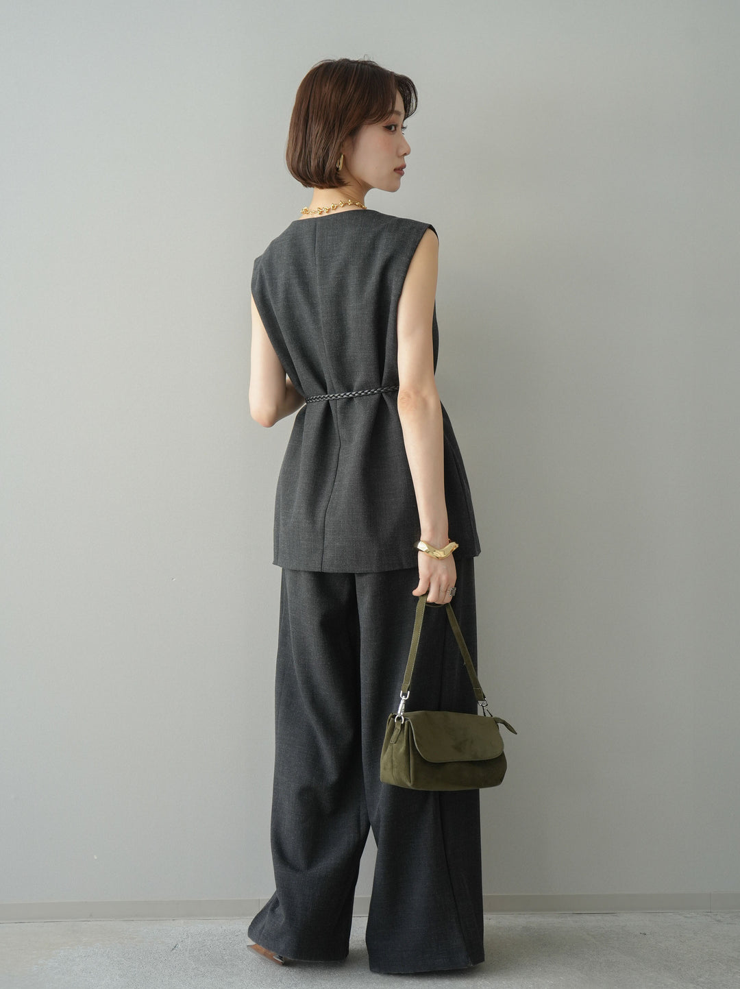 [SET]ベルト付ノースリーブトップス＆ワイドパンツSETUP