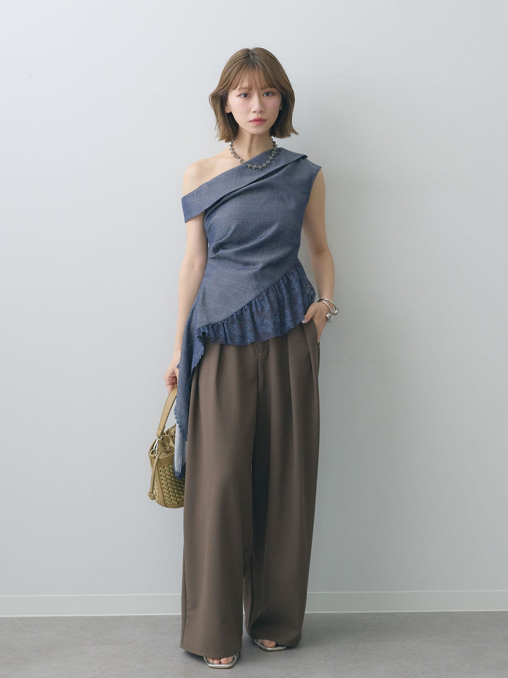 [SET]アシンメトリーラッフルレースヘムトップス+クレープデシンタックワイドパンツ(2set)