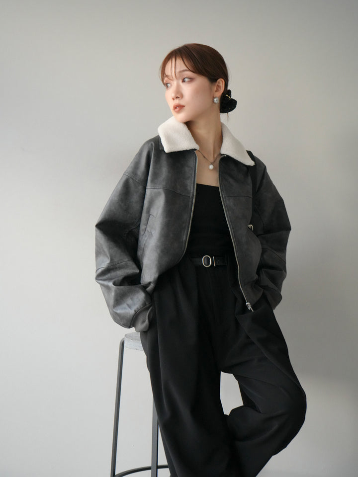 [予約]襟ボアヴィンテージレザーブルゾン/ブラック