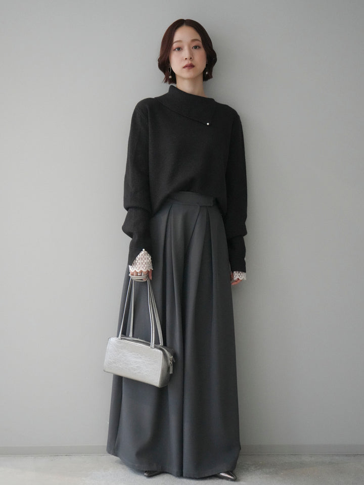 [SET]袖レースパール付き配色ニットトップス+テープベルトタックバギーパンツ(2set)