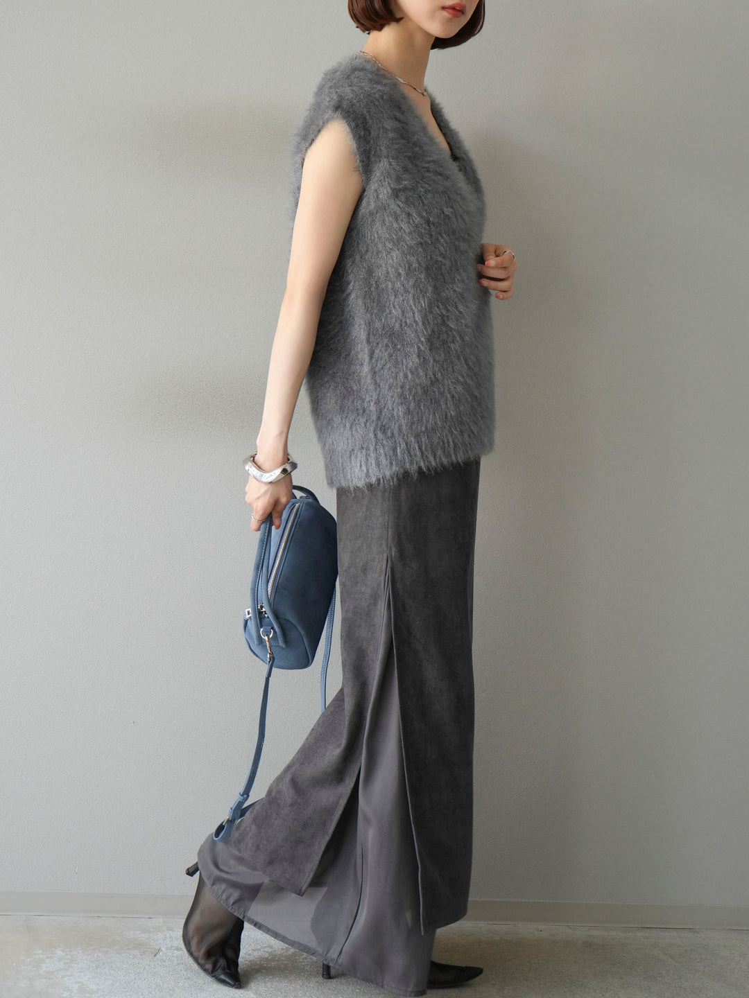 [予約]サイドスリットスウェードドッキングシフォンスカート/グレー