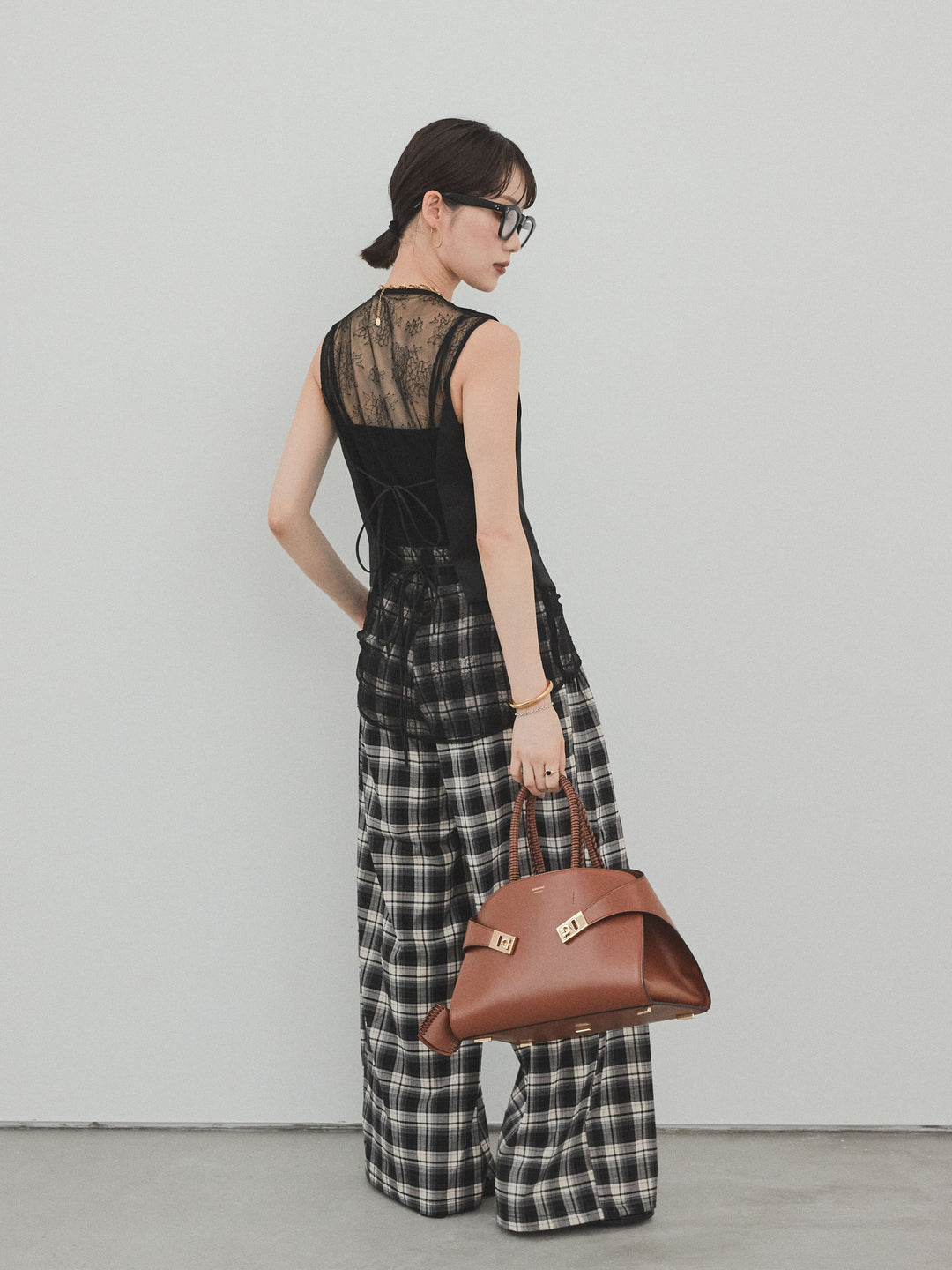 【預購】格紋寬褲/黑色