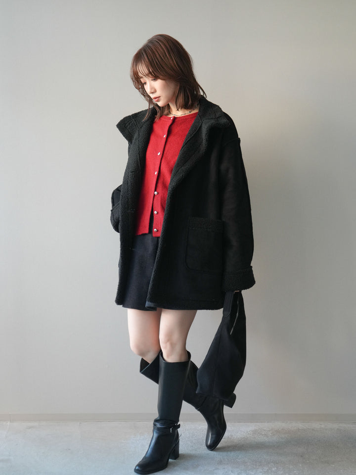 [SET]スタンドネックフェイクムートンミディアムコート+ベルト付きタックミニスカート(2set)