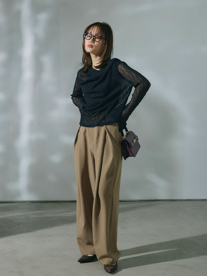 【Allure】[SET]ストレッチレースドレープトップス+アシンメトリーウエストタックパンツ(2set)