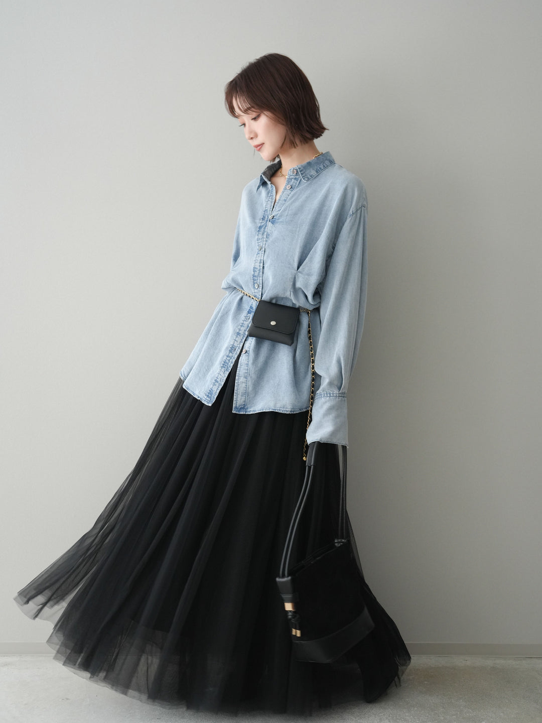 [SET]テンセルデニムタックシャツ+チュールボリュームスカート(2set)