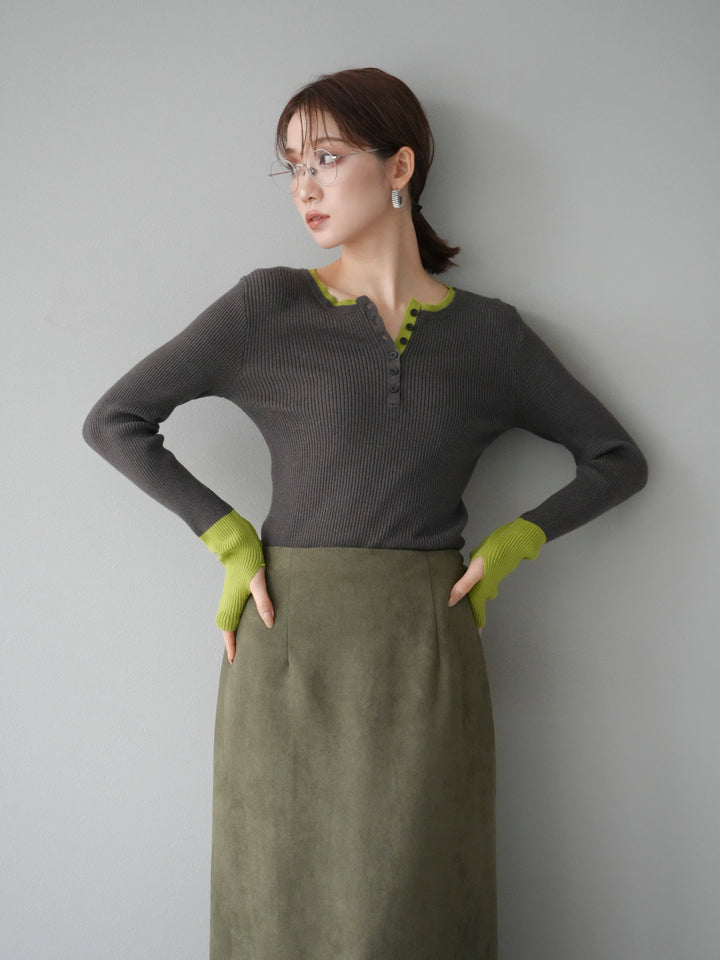 [2]ヘンリーネック配色リブニットトップス/チャコール