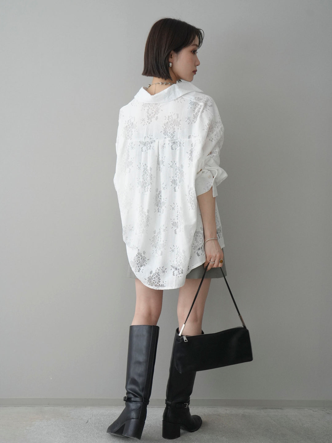 【套裝】提花蕾絲罩衫+繫帶工裝迷你裙（兩件套）