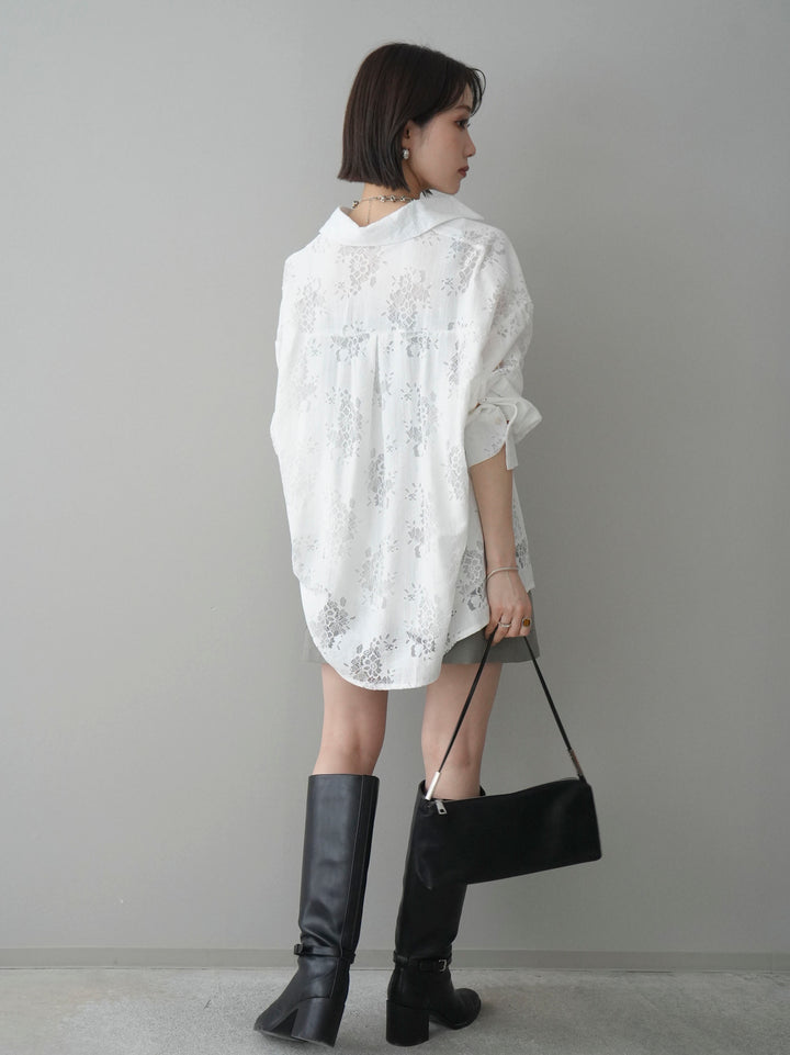 【套裝】提花蕾絲罩衫+繫帶工裝迷你裙（兩件套）