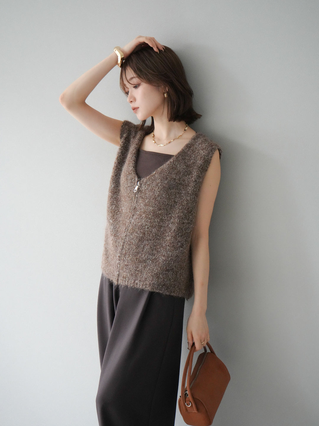 [予約]フロントZIPミックスニットベスト/ブラウン