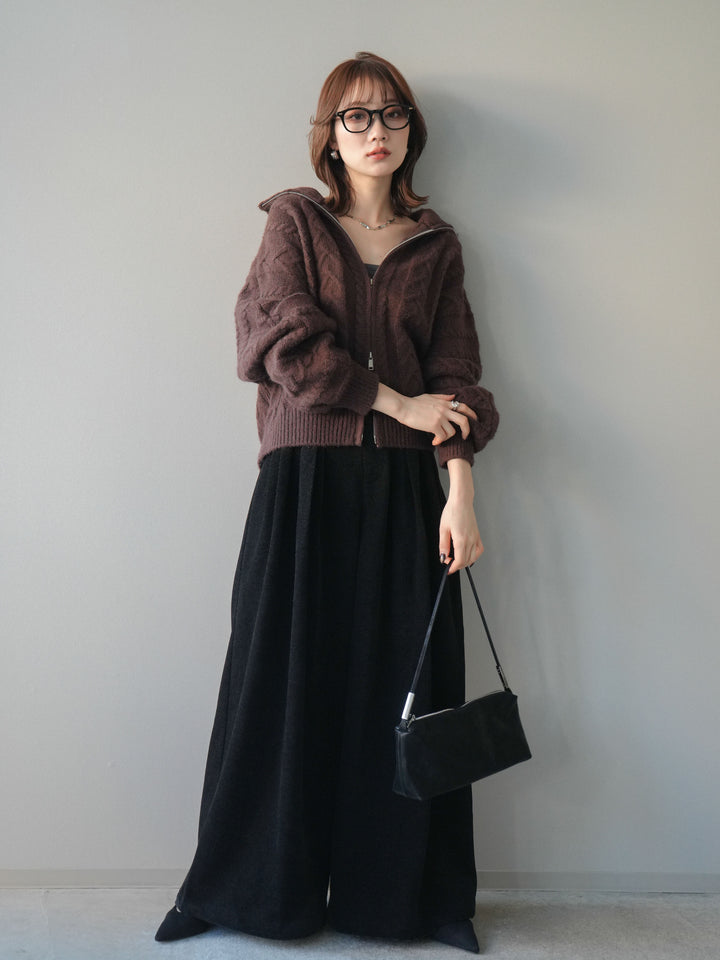 [SET]ケーブル編みハイネックZIPニットカーディガン+ベルトデザインループコールテンワイドパンツ(ベルト付き)(2set)