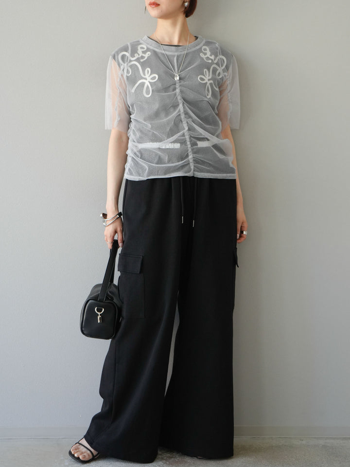 [SET]ラメチュールシャーリングプルオーバー+コード刺繍フレンチスリーブTシャツ+ウエストラインサイドポケットスウェットパンツ(3set)