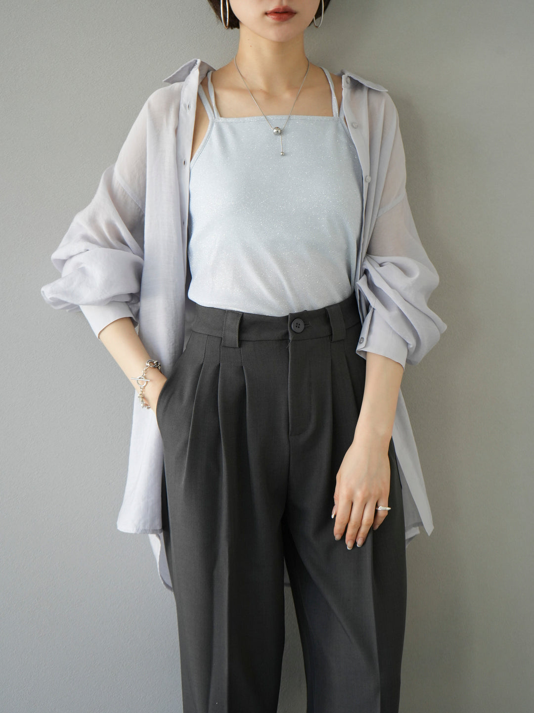 【預訂】捲袖透明套衫/淺灰色