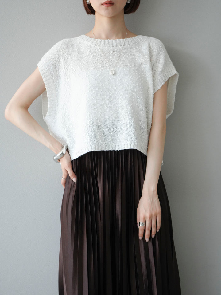 [SET]ネップヤーンクロップドニットベスト+サテンプリーツマキシスカート(2set)