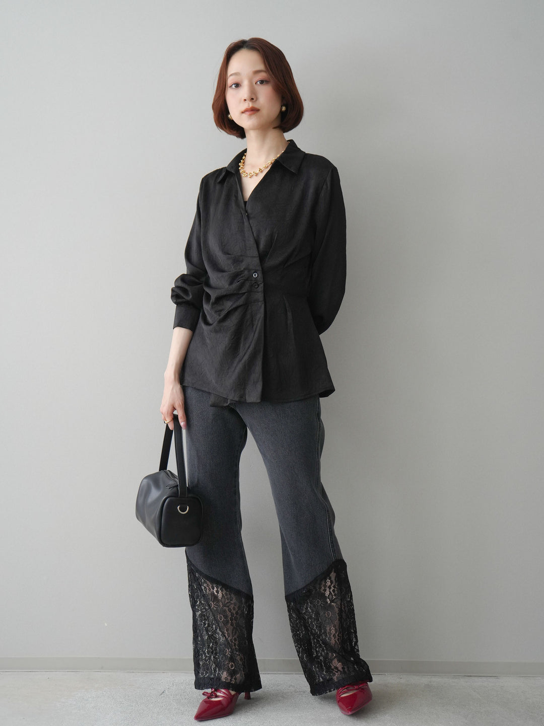 [予約]レース切替フレアデニムパンツ/black