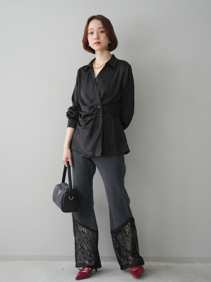 [予約]レース切替フレアデニムパンツ/black