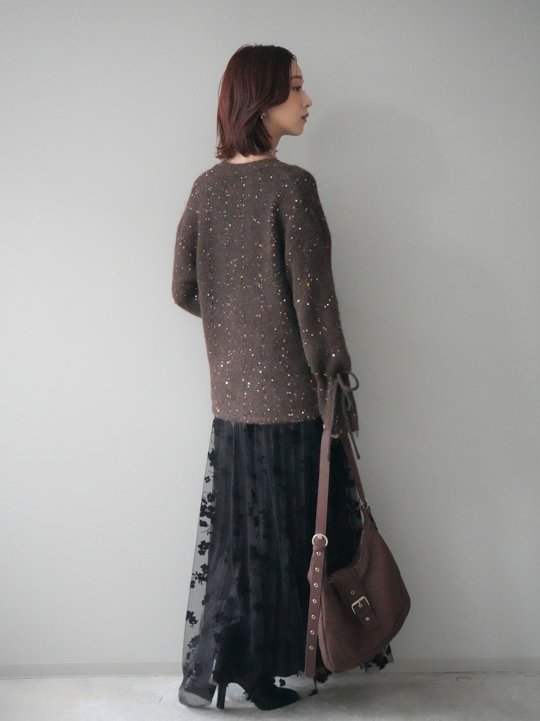 [SET]キャンディースリーブカラーネップスパンコールニットプルオーバー+フラワーフロッキーチュールプリーツスカート(2set)