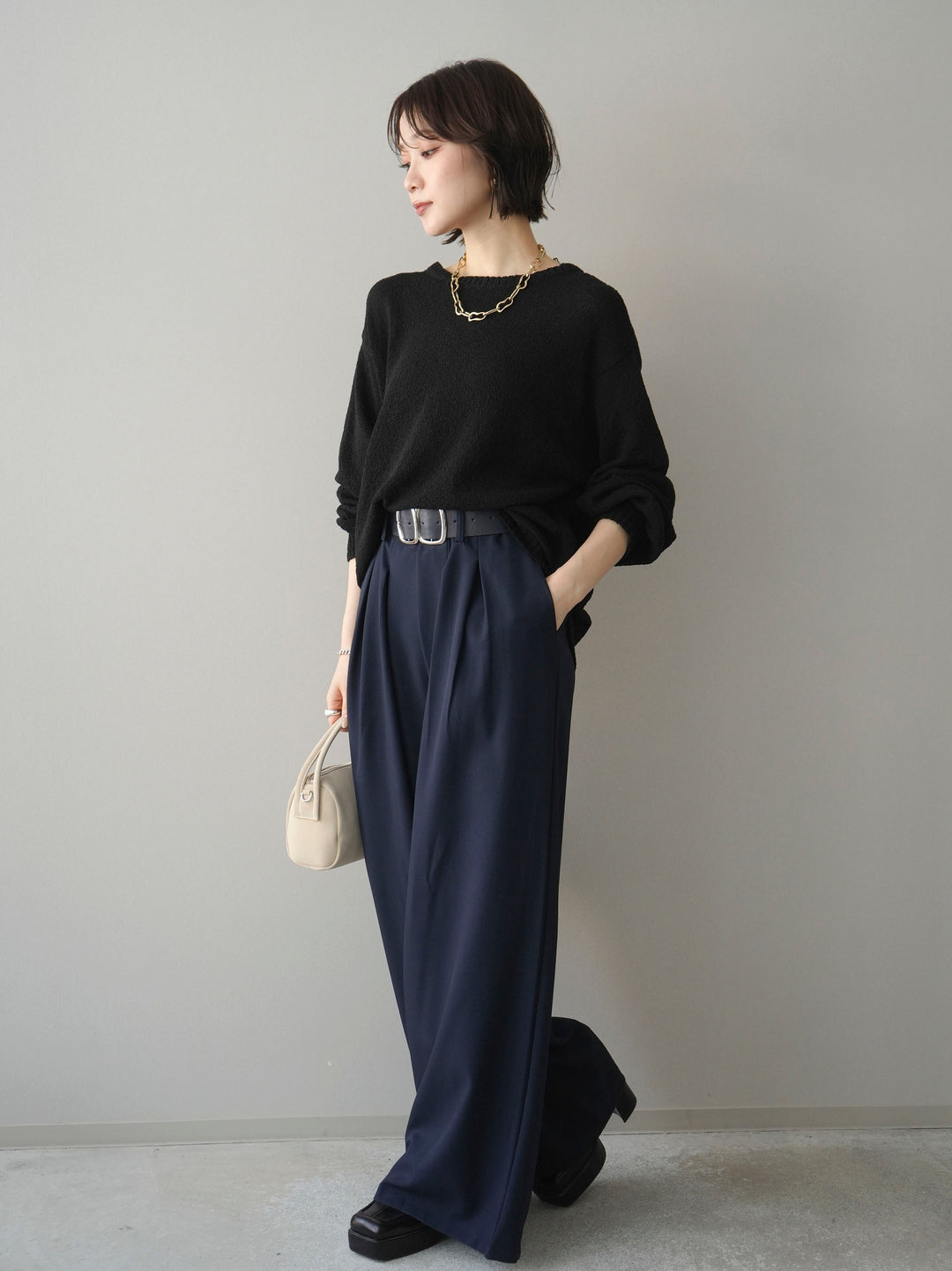 [予約]ダブルバックルベルト付ワイドパンツ/blue