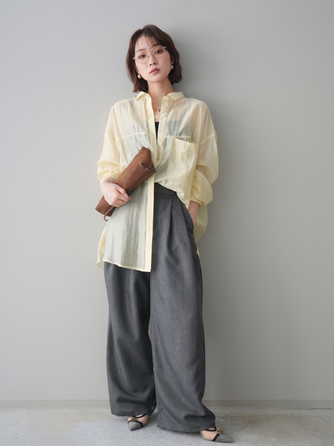 [予約]リネンライクタックワイドパンツ/charcoal