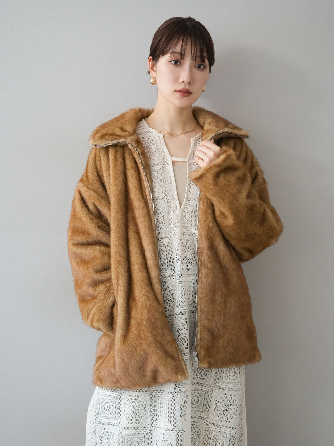 [予約]ファースタンドミドルジップジャケット/ベージュ