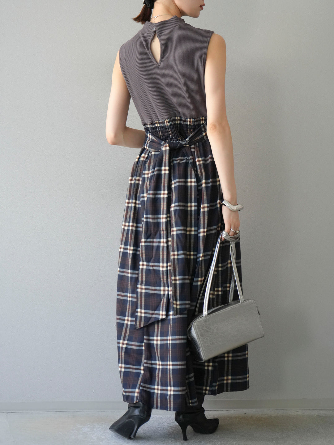 [SET]テレコ×チェックドッキングノースリワンピース+選べるアクセセット(2set)