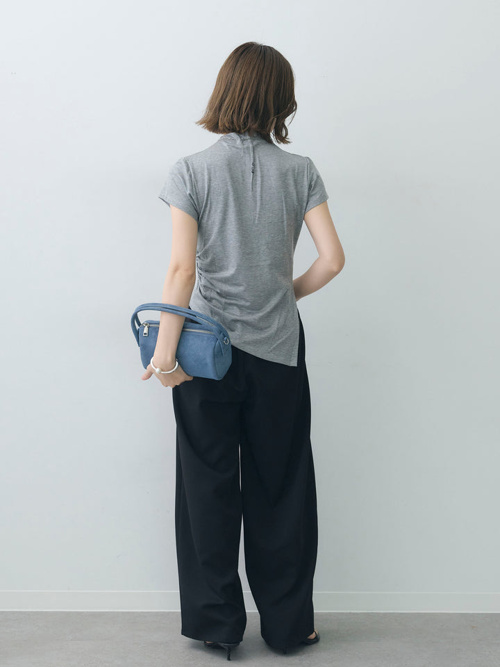 [SET]ヘムアシメバックボタンデザインフレンチトップ+クレープデシンタックワイドパンツ(2set)