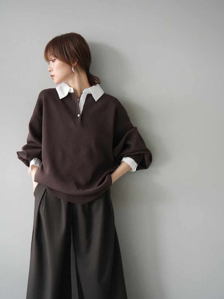 【SET】翻領polo針織套衫+雙褶闊腿褲（2件組）