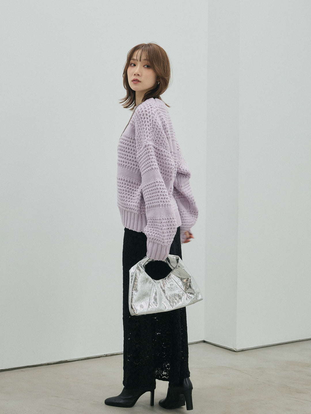 【Allure】[SET]ライン編みニットプルオーバー+起毛レースストレッチナロースカート(2set)