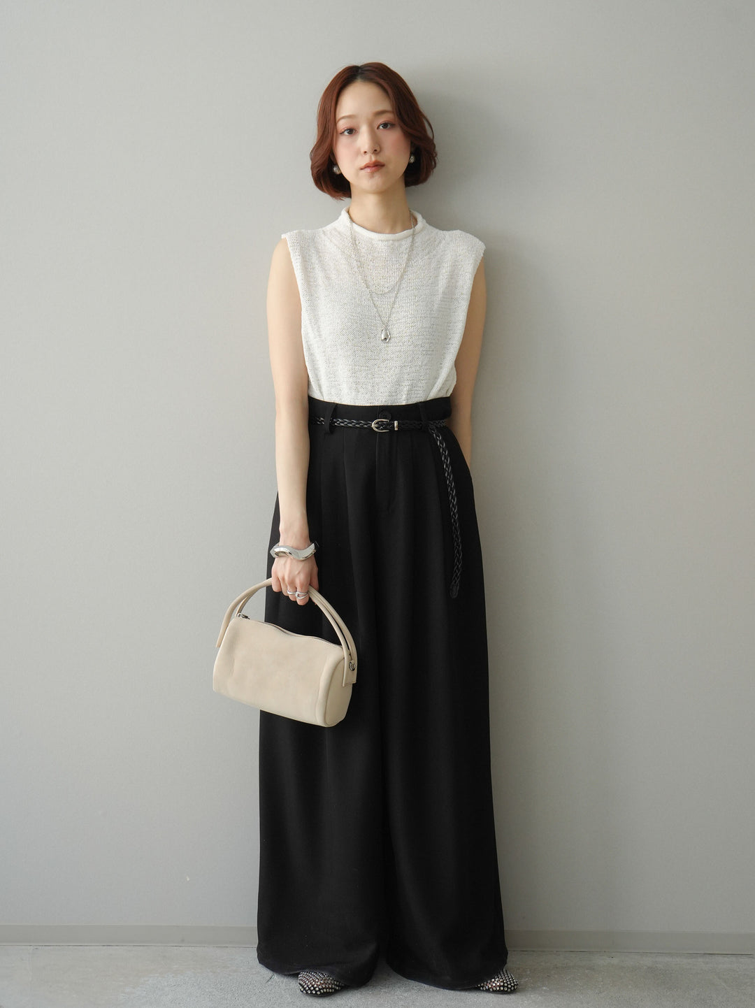 [予約]編み込みベルト付タックワイドパンツ/black