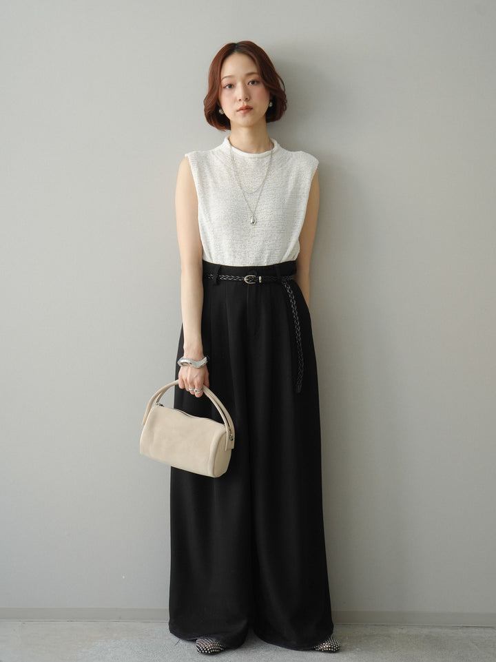 [予約]編み込みベルト付タックワイドパンツ/black