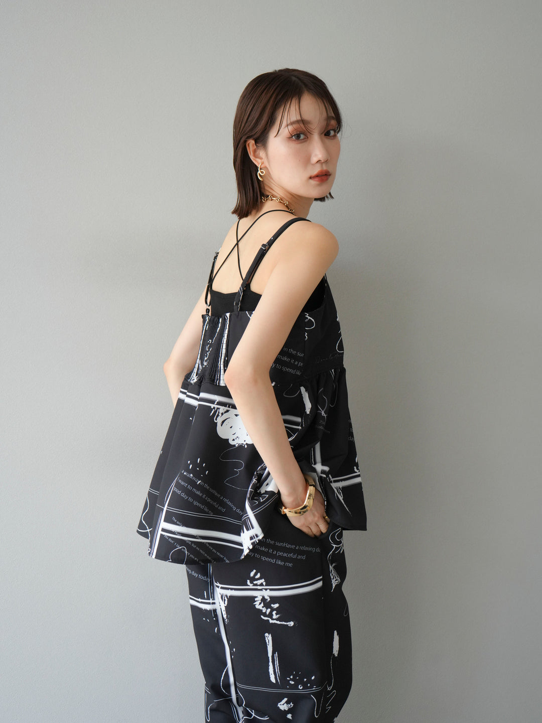 [予約]ペイント柄キャミソール/ブラック