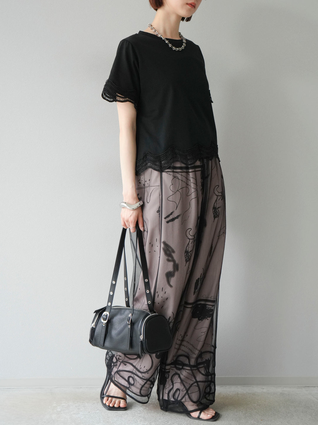 [SET]レース切替カットソー+コード刺繍チュールレイヤードパンツ(2set)