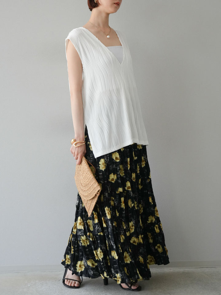 [SET]ウェーブパイピングVネックベスト+フラワーワッシャーロングスカート(2set)