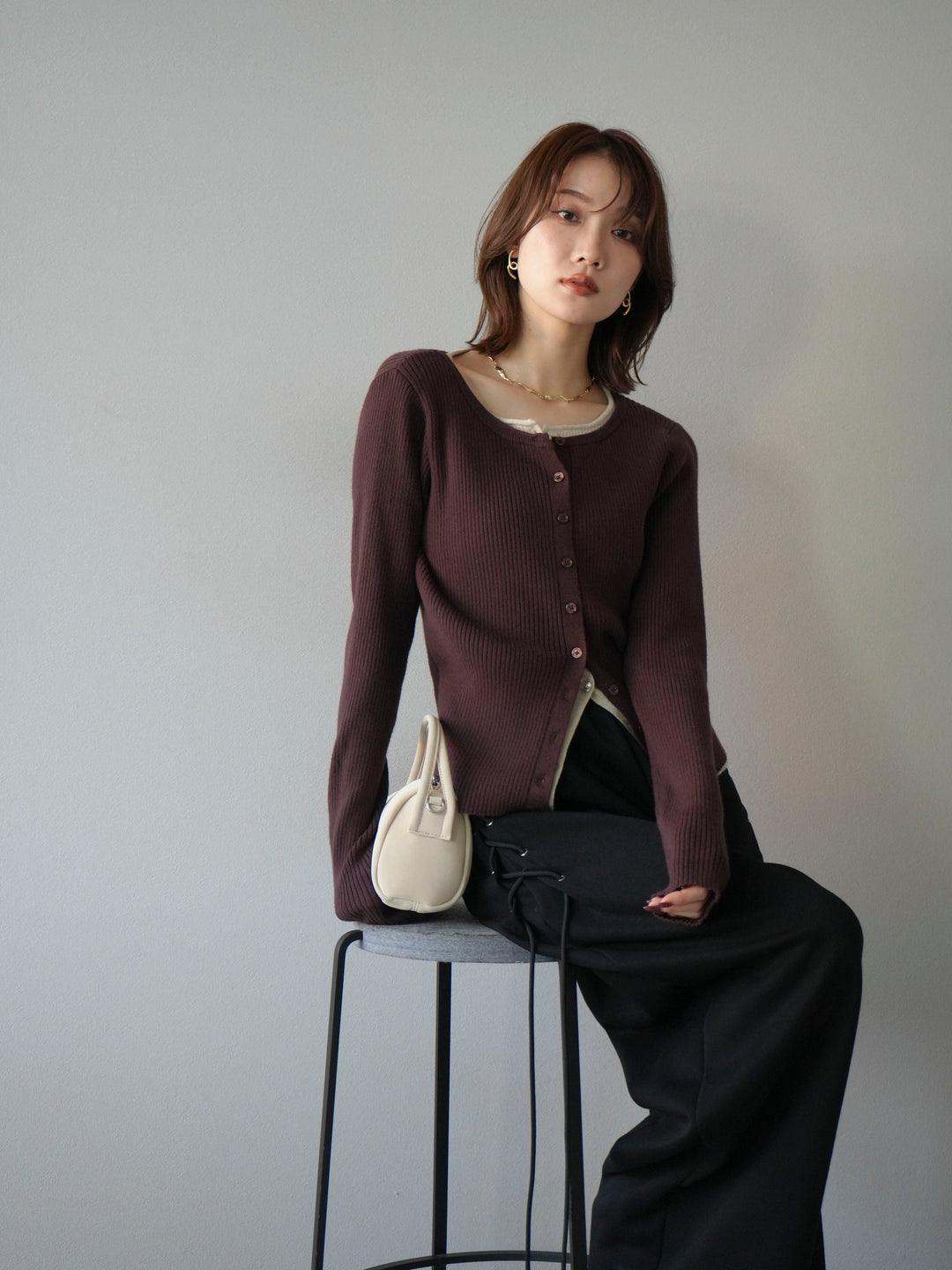 [予約]レイヤード配色ニットカーディガン/ブラウン