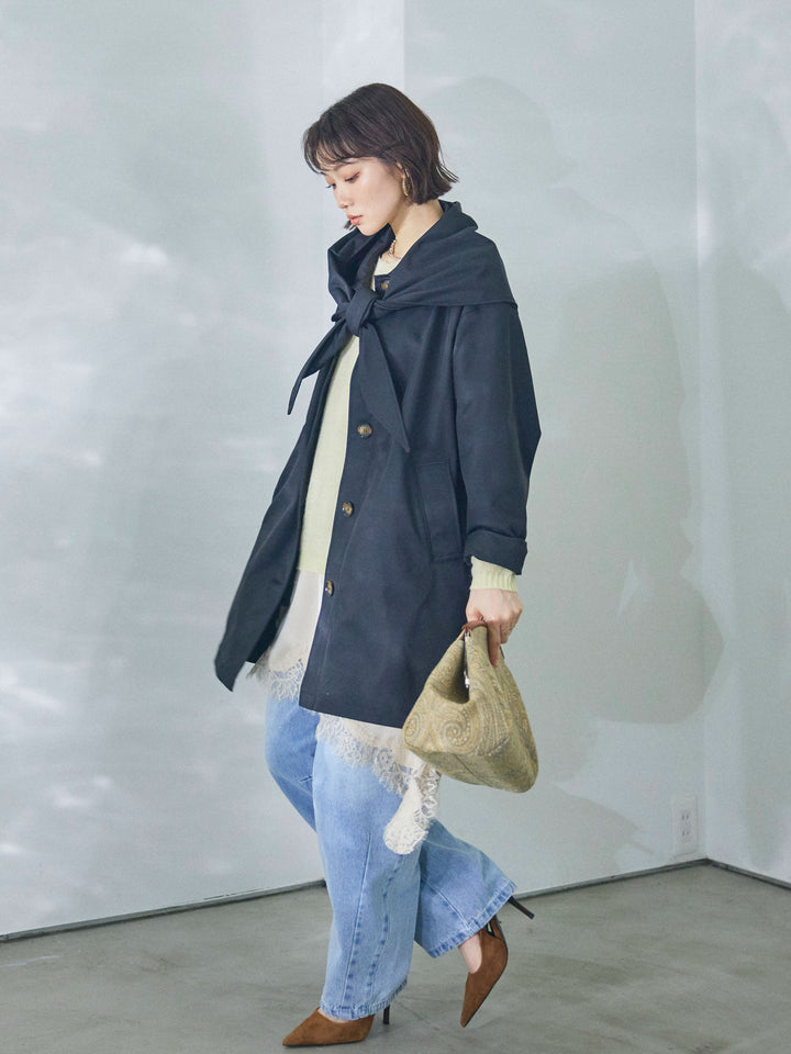 【Allure】[SET]スカーフ付ステンカラーミディアムコート+モヘアタッチ透かし編みボートネックニットプルオーバー+アシメカーブデニムパンツ(3set)