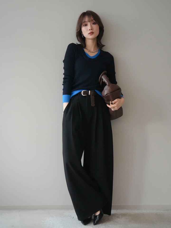 [SET]Uネック配色レイヤードリブニットトップス+アニマル柄ベルト付きウールタッチワイドパンツ(2set)