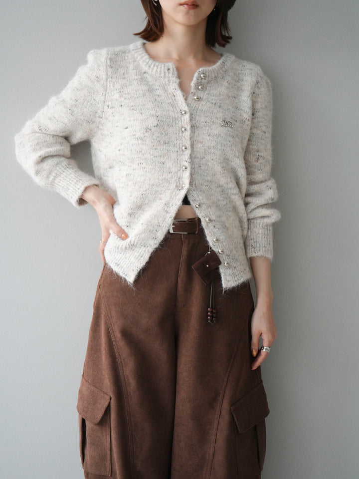 [予約]ブローチ付silverボタンミックスニットカーディガン/beige
