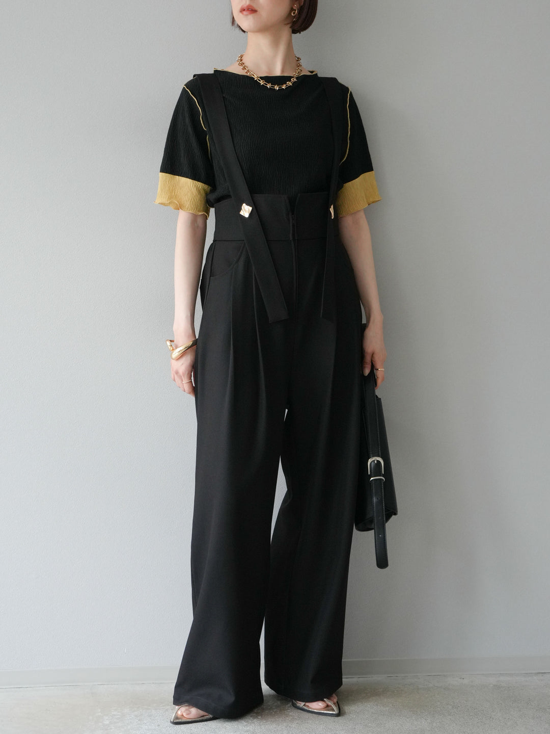 [SET]プリーツ配色ボートネックプルオーバー+ゴールドボタンサスペンダーワイドパンツ(2set)